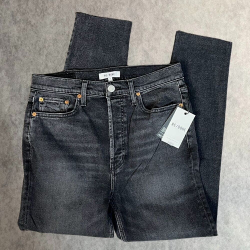 Re/Done 90s High Rise Raw Ankle Crop Jeans Womens Sz 29 Black Slim Straight $295